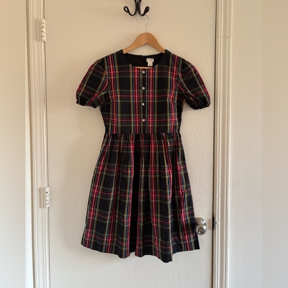 Crewcuts Girls Dress Size 14 Plaid Puff Sleeve Fit & Flare Black Red - Picture 1 of 6